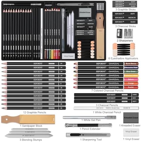 Lot de 46 crayons à dessin pour croquis, crayons à dessin, fournitures d'art avec crayons à charbon de couleurs, graphite, charbon, outils de mélange, accessoires, kit de dessin pour