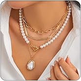 Layered Stacked Gold Necklaces for Women,Vintage Baroque Pearls Starfish Necklace Statement Adjustable CZ Clavicle Chain Summer Beach Fashion Jewelry