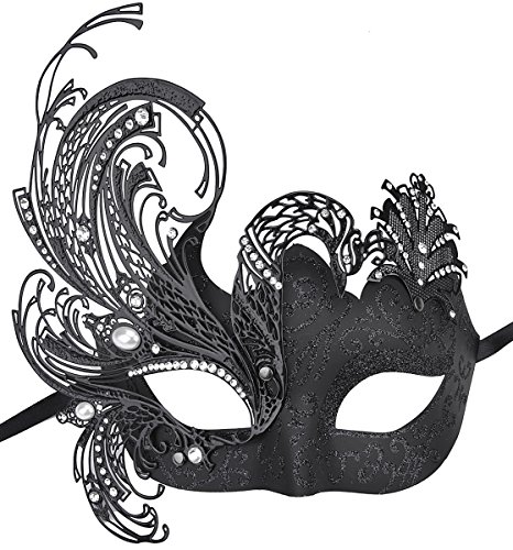 Coxeer Womens Masquerade Mask Swan Black Halloween Mask Metal Filigree Mask
