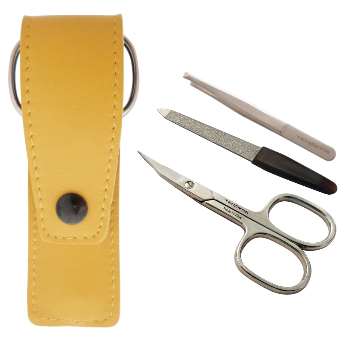 3-Piece Manicure Set with Nail Scissors, File & Tweezers in Genuine Leather Pouch - Tenartis Made in Italy (Yellow)