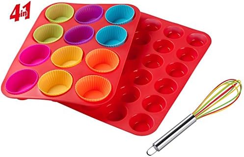 Cupcake Tray Silicone Muffin Molds Muffin Pans Mold 12 &amp; 24 with Tray Baking Set Cups 12 Packs Mini/Large Multi Colors and Egg Whisk Non Stick, BPA Free Dishwasher Safe Red Tins for Mother's Day Gift
