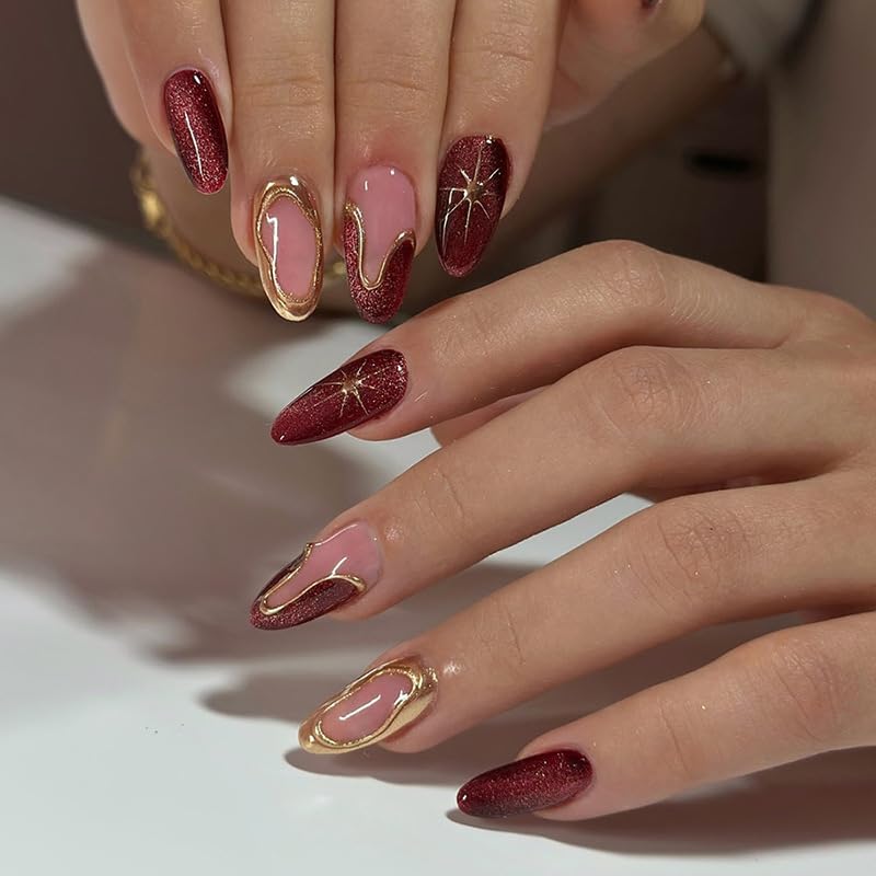 MikaJayboo Medium almond Press on Nails 3D Golden Embossed Red False Nails with Star for Women 24Pcs at Amazon