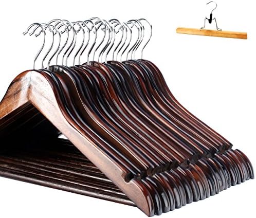 Solid Wood Suit Coat Hangers, MEQUTION Non-slip Design with Hanging Bar and Polished Chrome Hooks for Coats, Suit, Jackets, Shirts, Pants. Set of 20 in Walnut Finish
