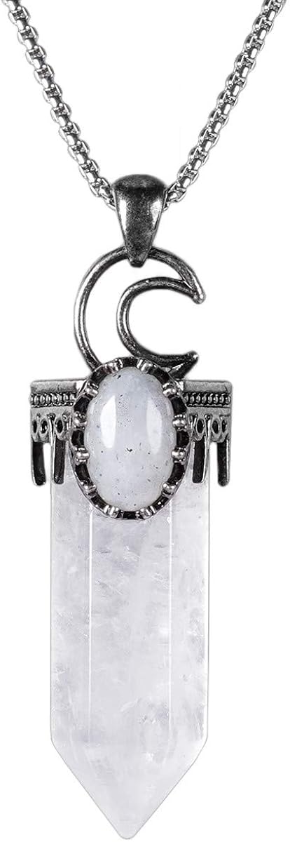 mookaitedecor Natural Clear Quartz Crystal Point Necklace for Women Men Crescent Moon Necklace Bullet White Crystal Pendant Necklace Reiki Chakra Vintage Healing Crystal Necklace Gift with Box