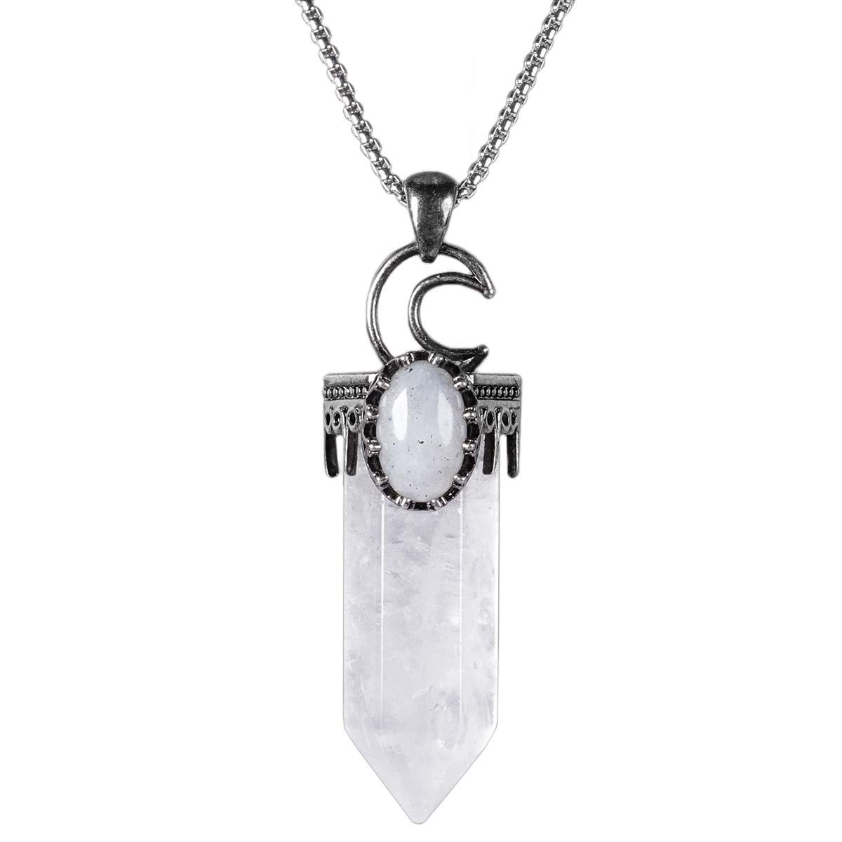mookaitedecor Natural Clear Quartz Crystal Point Necklace for Women Men, Crescent Moon Necklace Bullet White Crystal Pendant Necklace Reiki Chakra Vintage Healing Crystal Necklace Gift with Box