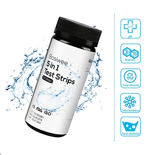 Bosiwee 5 in 1 Water Chemistry Test Strips, Water Quality Test for Swimming Pool, Spa, Hot Tub, etc - Detect pH, Total Hardness, Chlorine, Bromine and Alkalinity, 50 Count