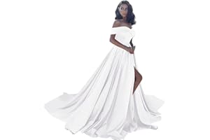HOMDOR Off Shoulder Satin Prom Dresses Ball Gown Plus Size Formal Dresses for Women Wedding Dress with Slit