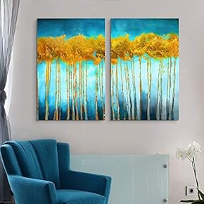 2 Panel Canvas Wall Art - Oil Painting Style Abstract Golden Trees on Blue Background - Giclee Print Gallery Wrap Modern Home Art Ready to Hang - 24"x36" x 2 Panels