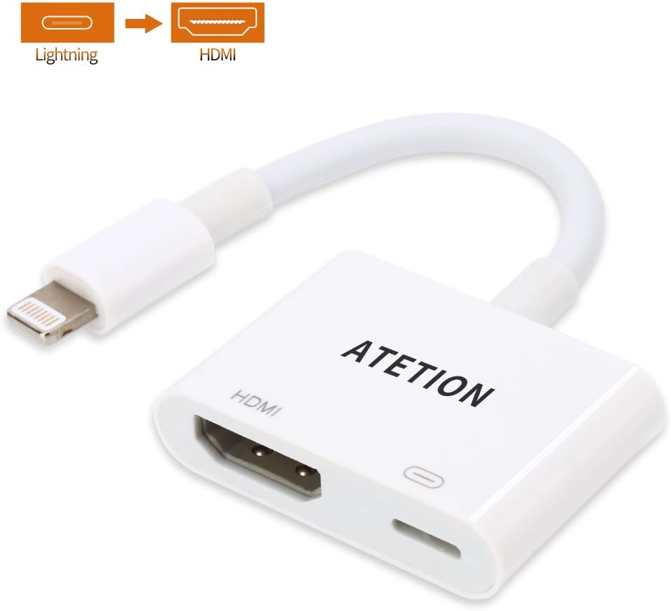 ATETION Lighting to HDMI Adapter Cable, Lightning Digital AV Adapter for iPhone X/8/7/6/5 Series, Pad Air/mini/Pro, HDTV Adapter 1080P （Support IOS 11 - Lightning port must be connected）