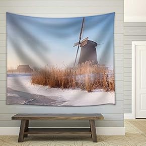 Traditional Dutch Windmills on a Beautiful Frosty and Foggy Morning - Fabric Wall Tapestry Home Decor - 51x60 inches