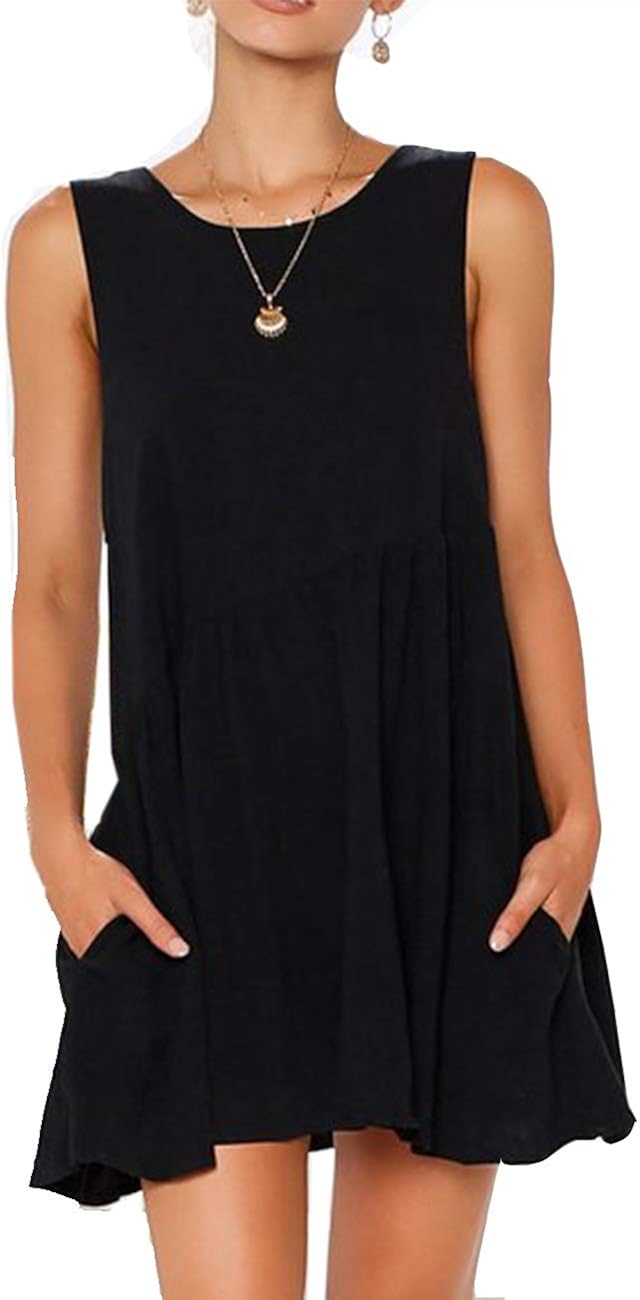 Amazon.com: Black Casual Swing Dress Sleeveless Mini Dress Swing Aline ...