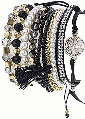 Aris Huge Stack Bohemian Beaded &amp; Charm Stretch Bracelets Bundle: Bracelets &amp; Bag (Tree Of Life Black)