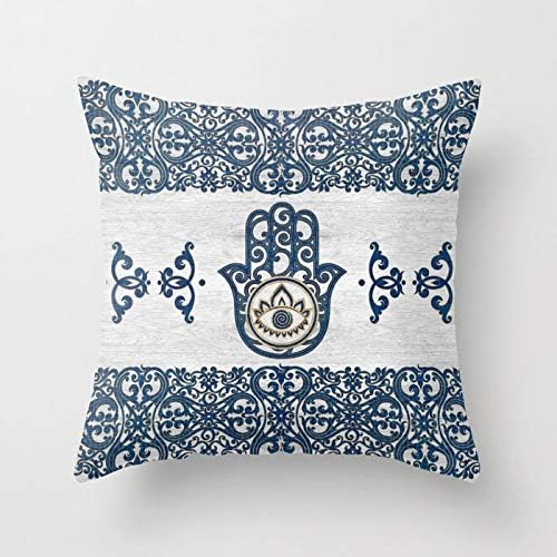 Decorative Cushion Cover Soft Cotton Outdoor Throw Pillow Case for Sofa Bedroom Home Office Car Decor Square 18x18 Inch - Hamsa Hand Hand of Fatima Blue Wood