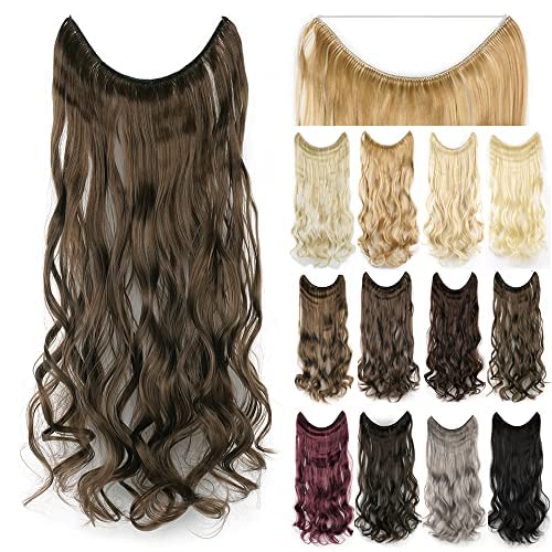 IMISSU 22'' 26'' Long Body Wavy Hair Extensions Fish Line Hairpiece Synthetic Invisible Secret Wire Headwear Flip Curly Hair Extension Pieces (22 Inch,Solid Brown)
