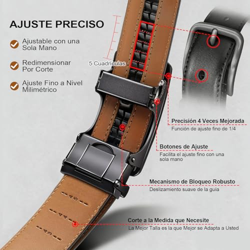2 Cinturones de Piel Genuina para Hombre-120 CM, Cinturón Ajustable y Recortable para Hombre, Hebilla Automática de Trinquete, Regalos del Día del Padre para Papás, Esposos y Novios
