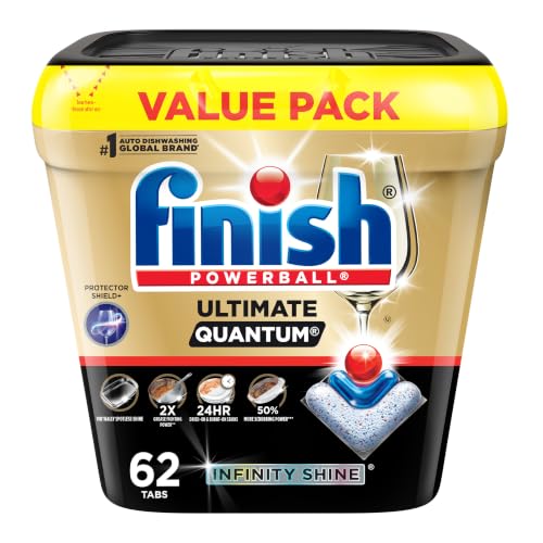 Finish Ultimate Infinity Shine Dishwasher Detergent Pods, 3 Chamber Formula with PowerBall, 2X Grease Fighting, Burnt & Dried-On Stains, Ultimate Clean & Virtually Diamond Shine, No Pre-Rinse, 62 Tabs