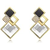 DIAMANTIO 18K Gold Plated Geometric Square Drop Earrings for Women – Gold-Tone Black and CZ Crystal Statement Earrings with Rhinestone Accents