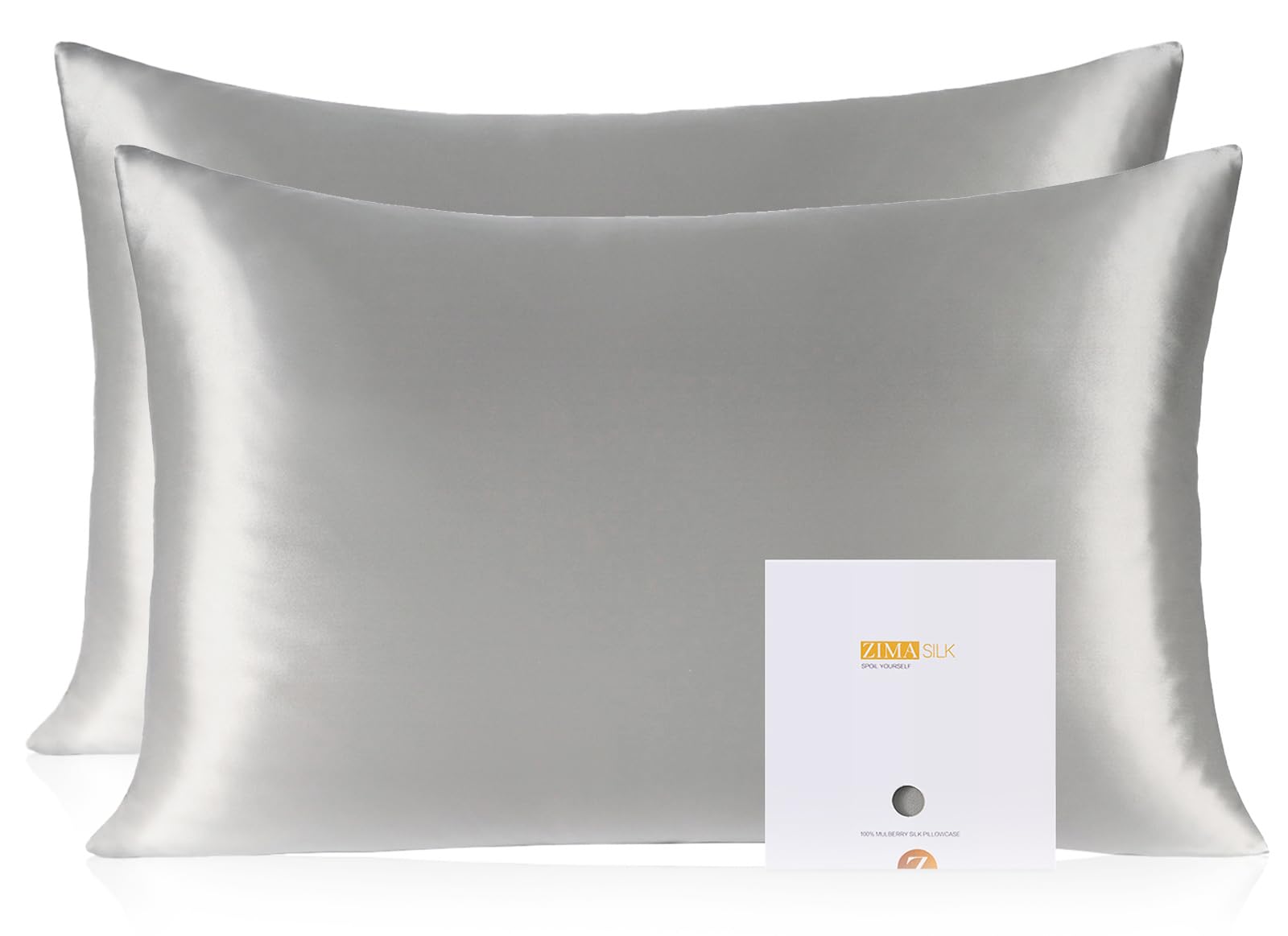 ZIMASILK 100% Pure Mulberry Silk Pillowcase 2 pack, Soft and Smooth,Both Sides Premium Grade 6A Silk,600 Thread Count,with Hidden Zipper (Standard 50x75 cm,Grey)