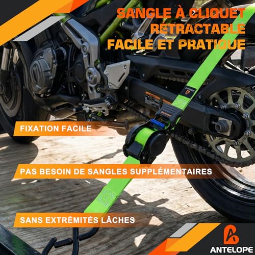 A ANTELOPE Automatic Lashing Strap 3.6 m x 25 mm, Pack of 4 Automatic Lashing Strap Reel, 340 kg/680 kg, Retractable Tie Down Straps with Ratchet and S Hooks for Motorcycle, Kayak and Truck, Green