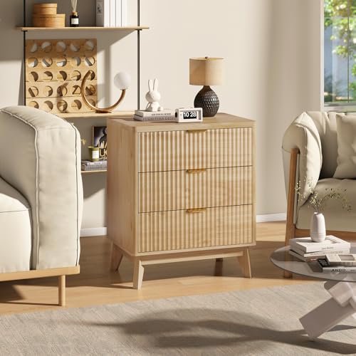 LYNCOHOME Fluted Nightstand, Bedside Table with Storage, Tall Night Stand with Drawers for Bedroom, Nature