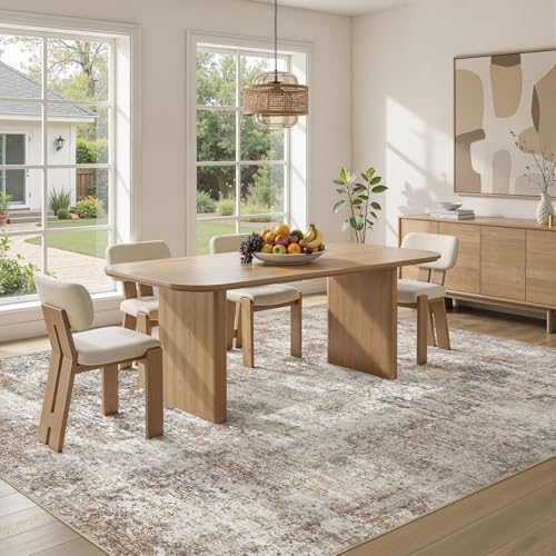9x12 Area Rugs for Living Room: Washable Large Neutral Abstract Rug Soft Non Slip Stain Resistant Low Pile Indoor Carpet for Bedroom Dining Room Nursery Office Playroom - Brown Grey