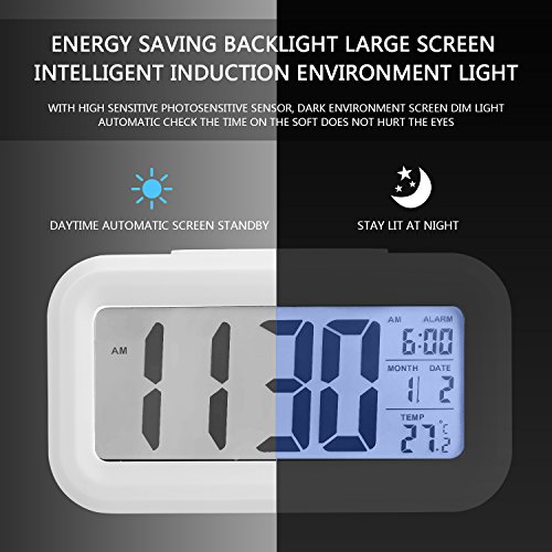 Alarm Clock Digital LCD Large Display Battery Operated Portable Modern Smart Snooze Silent Backlight Senor Date Time Temperature Clock for Heavy Sleepers Bedroom Kitchen Office Travel (white)