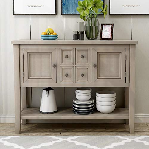 LOKESI Console Table Buffet Sideboard Sofa Table with 4 Storage Drawers Two Cabinets and Bottom Shelf (Antique Gray)