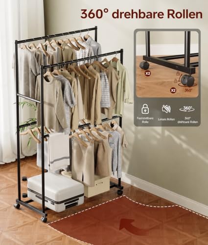 Tujurich Heavy Duty Clothes Rack - 92 x 54 x 183 cm, 4-Rail Double Rail Clothes Rail on Wheels, Metal Clothes Rack for Bedroom, Living Room, Washroom, Black