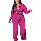 2 Piece Outfits for Women Sexy V Neck Print Shirts Tie Knot Batwing Blouses Crop Top Wide Leg Pants Set