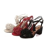 Women Genuine Leather Fringe Tassel Sandals Chunky Heel Bandage Shoes