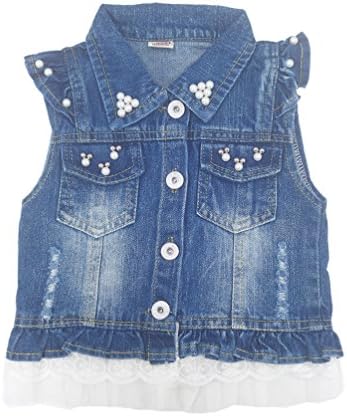 Chumhey Baby &amp; Little Girls Lapel Ruffle Sleeve Lace Trim Pearls Denim Vests