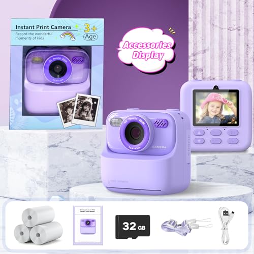 Upgrade Kids Camera Instant Print for Boys and Girls, 1080P HD Dual-Lens Selfie Digital Camera with Print Paper & 32G Card, Christmas Birthday Gifts Toys for Toddler and Teenagers Age 3-16 Years Old