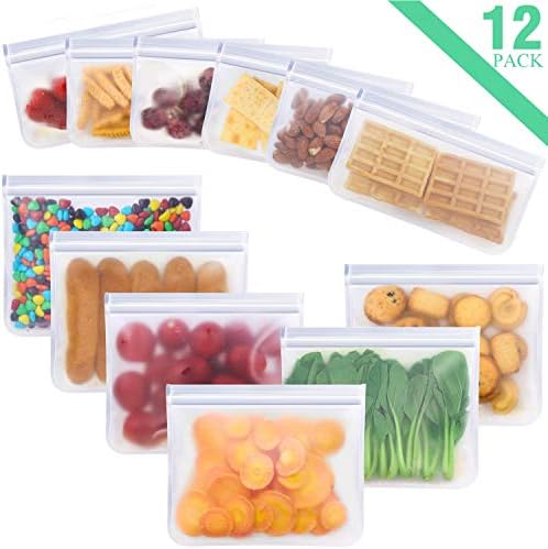 Autmor Reusable Food Storage Bags, Silicone Sandwich Snack Bacon Bags Set for Liquid Fruit Food, Eco Friendly Degradable Material, Ziplock Leakproof, Large Small Size Total 12 Packs