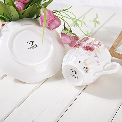 Bone China Tea Cups Coffee Cups and Saucers Sets of 2 Rose Painting Pattern Espresso Cups 7oz - Thumbnail 4