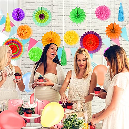 Koogel 27 STK. Seidenpapier Blumen Pompoms Set, 8 Papierblumen 2 Wabenbälle 6 Fächer 3 Quaste Girlande 8 Ballons für Party Hochzeit Geburtstag Festival Zeromonie Fasching Deko