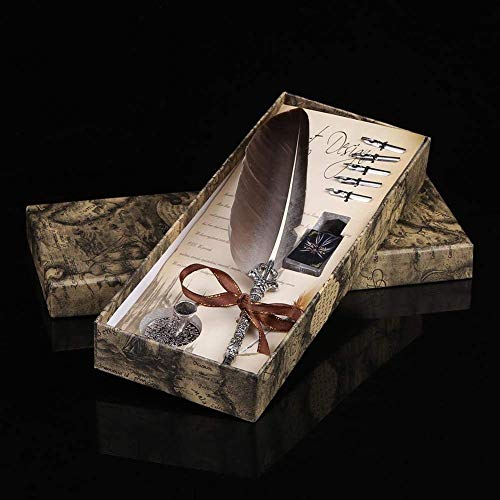 Handmade Dip Pen, English Calligraphy Feather Dip Quill Pen Writing Ink Set with 5 Replacement Nibs and Pen Nib Base for Stationery Gift(Black)