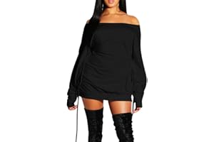 GOKATOSAU Women's Sexy Casual Off Shoulder Long Sleeve Lace Up Loose Club Mini Dress
