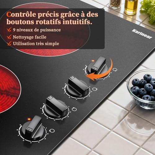 Karinear 4-burner ceramic hob, 60 cm built-in ceramic hob with rotary buttons, 4 burners 6000 W, automatic switch-off, 220 V, without socket