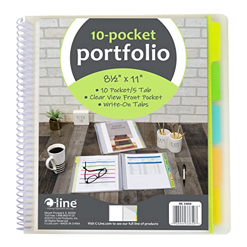 CLine 10Pocket Poly Portfolio with Writeon Tabs, SpiralBound, 5Tab