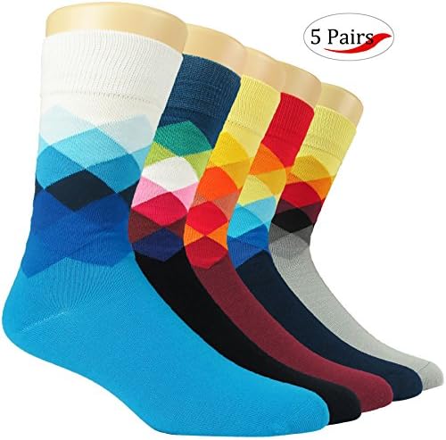 Men's Cotton Dress Socks High Funny Colorful Argyle Patterned 5 Pack for Casual Size 10 to 13
