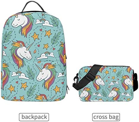 Cartoon Unicorn Star Leaf Rainbow Cute Backpack Set Travel Daypack Shoulder Bags Crossbody School Laptop College Bag 2 in 1