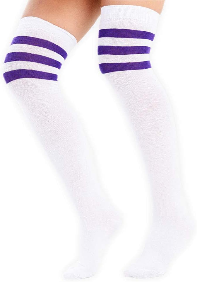 Womens Ladies Referee Stripe Over The Knee High Socks Cotton Sport Celebrity Inspired Fancy Dress (4-6, White with purple stripes)