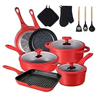 Kitchen Cookware Sets, imarku 16-Piece Granite Coating Nonstick Pots and Pans Set Induction Cookware Sets with Cooking Pot and Pan Set Scratch Resistant, Red Kitchen Cookware Sets, imarku 16-Piece Granite Coating Nonstick Pots and Pans Set Induction Cookware Sets with Cooking Pot and Pan Set Scratch Resistant, Red