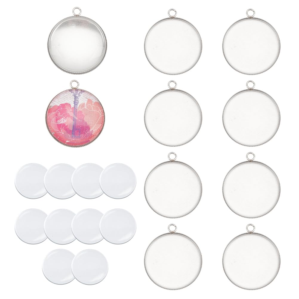UNICRAFTALE 10pcs 30mm Flat Round Tray Pendants Making 304 Stainless Steel Charms Cabochon Settings and Transparent Glass Cabochon Blank Dome Pendant Findings for Necklaces Bracelet Jewelry Making