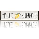Hello Summer Sign, Lemon Summers Decor, Summer Seasonal Wall Decoration, Home Decor for Front Door, Garden Yard Decors, Tabletop Shelf Decoration, Freestanding Wooden Block Sign 17.8x4x1.2 inches