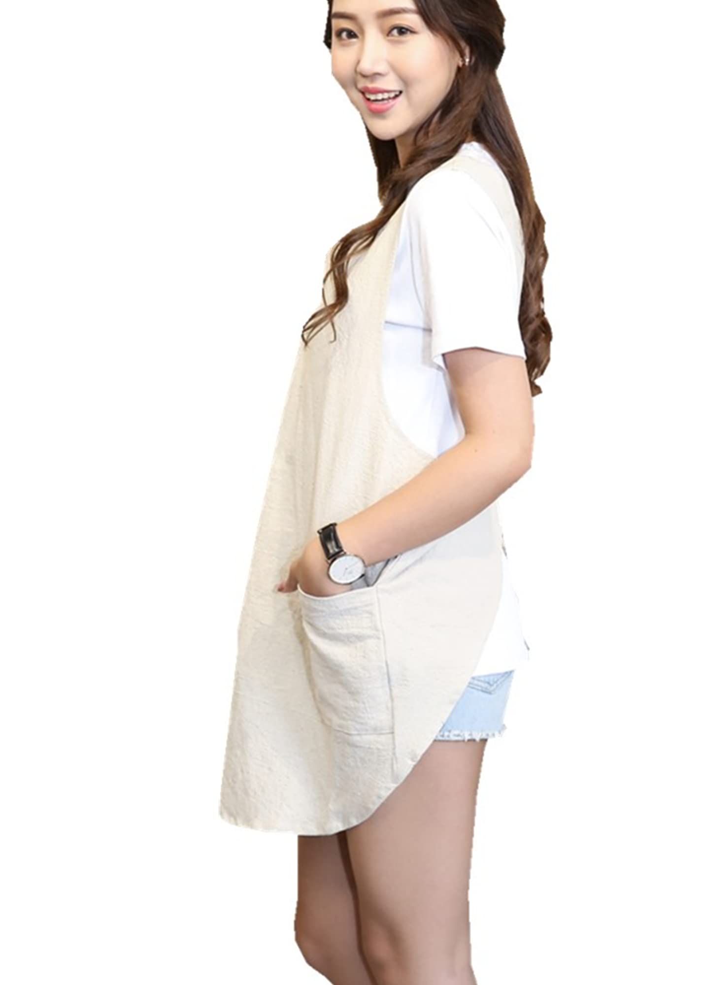 Soft Cotton Linen Apron Solid Color Halter Cross Bandage Aprons Japanese Style X Shape Double Pockets Round Skirt Kitchen Cooking Clothes Chef Summer Fit (Beige)