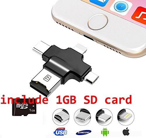 4 in 1 Memory Card Reader, Micro SD/TF Card Reader Type C, USB C, USB & Micro USB Interfaces, USB/Lightning Card Reader for Android/PC/IOS iPhone/iPad/Mac(Andriod Needs OTG Function)-black
