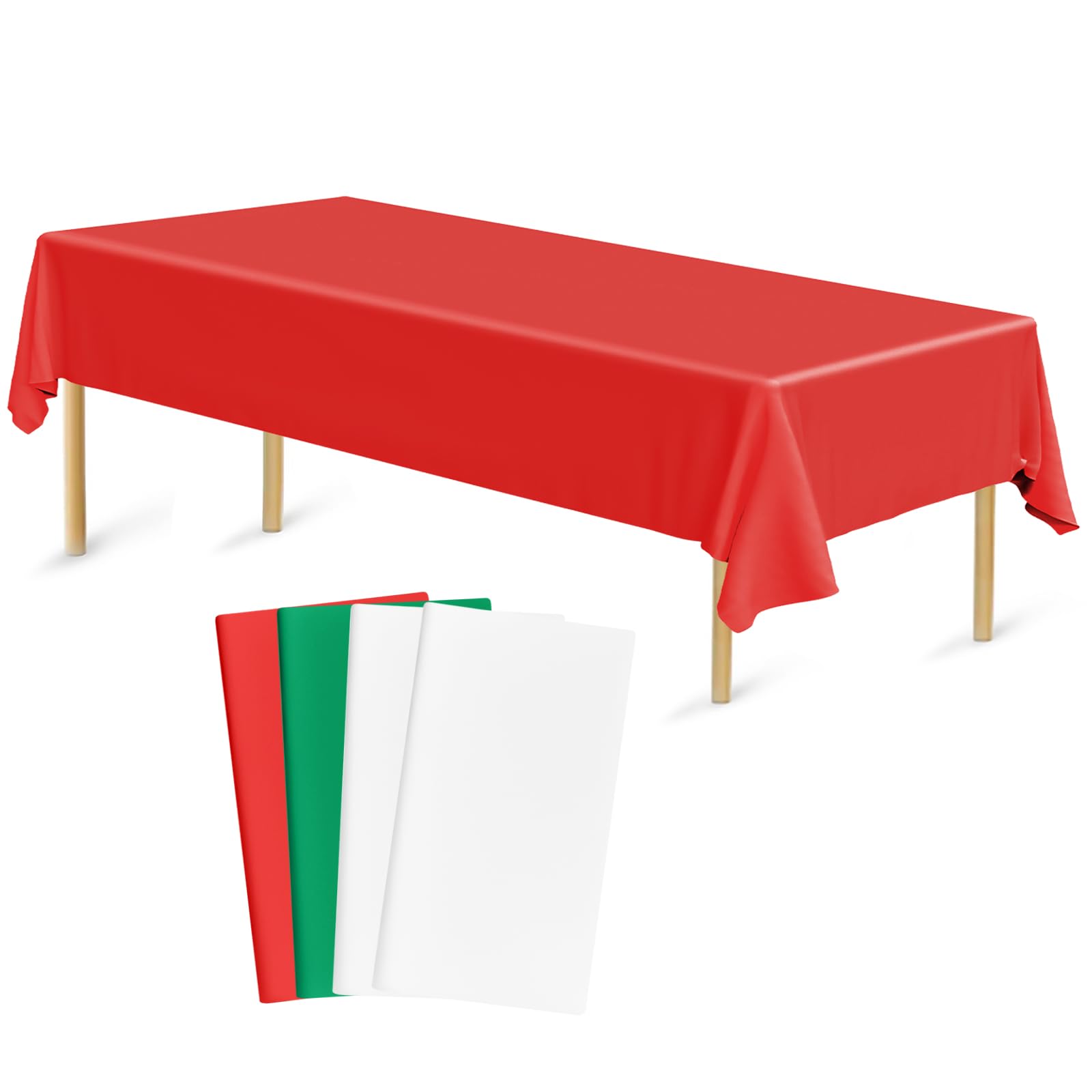 Bouiexye 4 Pack Disposable Table Cloth Red Dark Green White Plastic Tablecloth 54 x 108 Inch Rectangular Tablecloths for Indoor Outdoor Christmas Parties Birthdays Weddings Anniversary Buffet Table