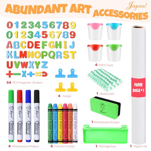 JOYOOSS Kids Wooden Easel with Paper Roll - Adjustable Magnetic Double Sided Drawing Board Whiteboard & Chalkboard Dry Easel Board,Children Art Easel for 3~12 Years Kids Boys Girls Painting Drawing