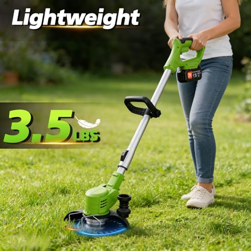 Electric Weed Wacker Cordless, 21V Weed Cordless Eater with 2 Batteries and 3 Types Blades, 3 in 1 Brush Cutter/Grass Trimmer/Lawn Edger for Garden Yard (Green)